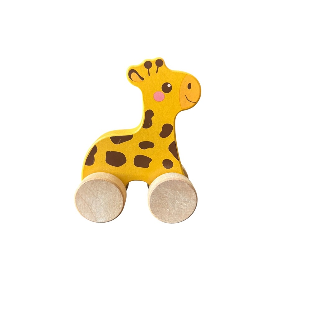 Wooden Giraffe Push Roll Toy Yellow 4 Wheel Toddler Baby Nursery Toy
